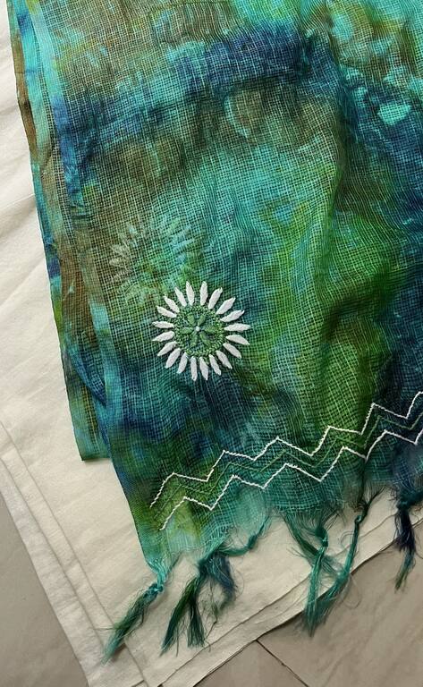 lucknowi chikankari green and blue tie dye kota silk dupatta