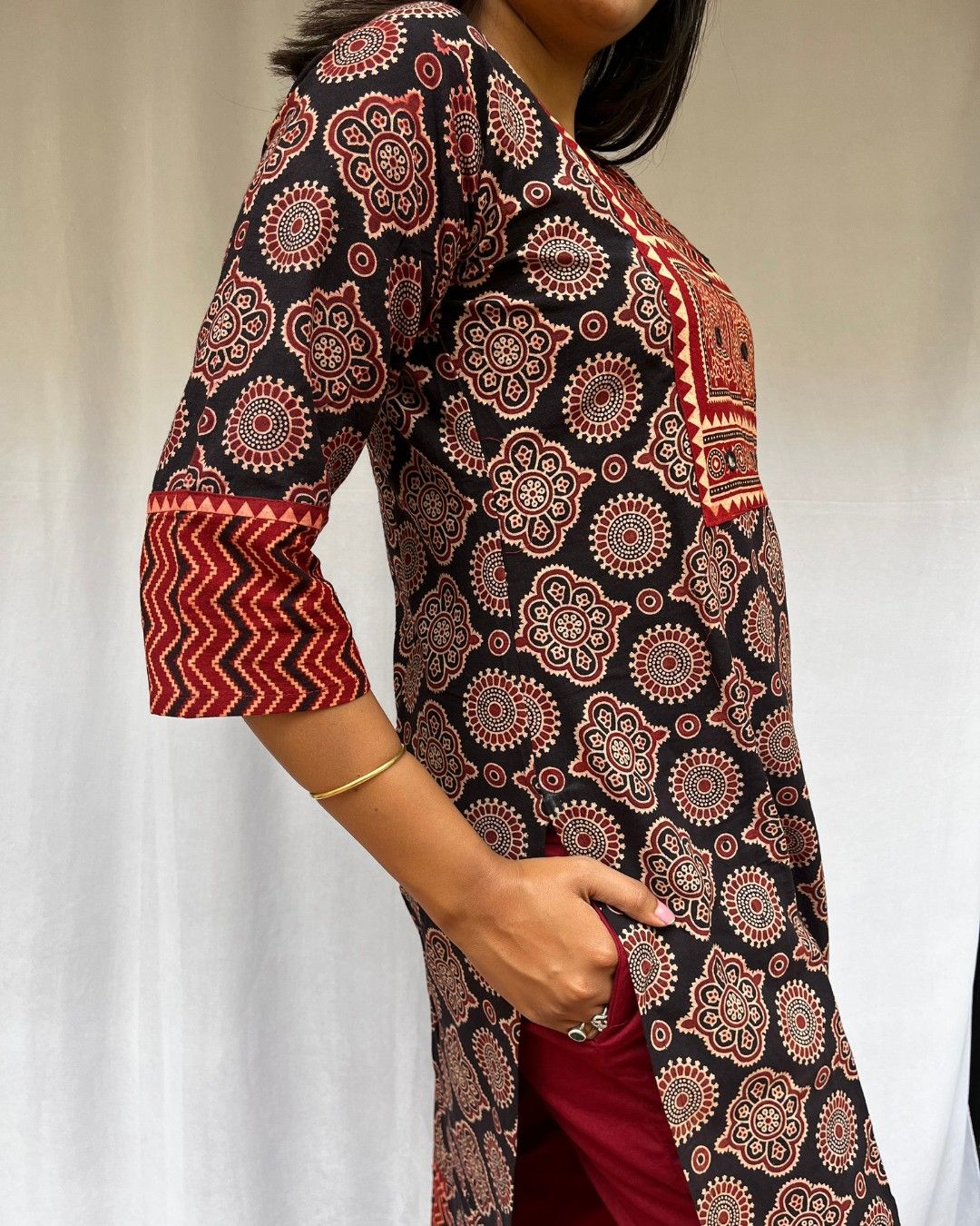 black ajrakh cotton straight kurta    