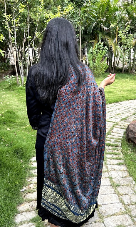 ajrakh blue and red modal silk lagdi patta dupatta