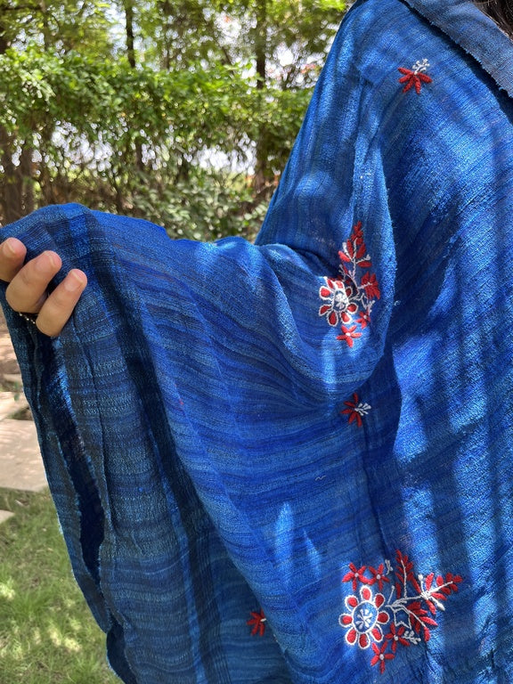 lucknowi chikankari blue tussar silk dupatta