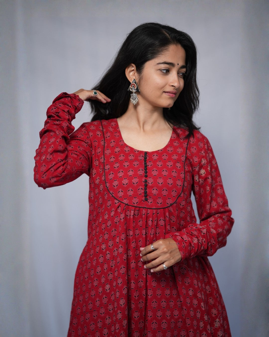 cotton red chudi sleeves aline kurta   