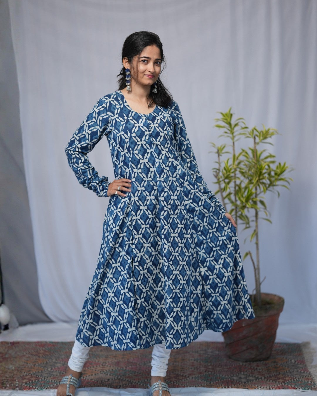 indigo cotton chudi sleeves kali kurta   