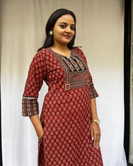 Shreya Maroon Ajrakh Cotton Straight Kurta