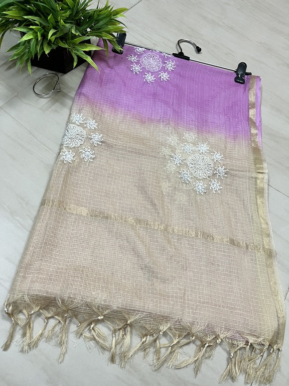 lucknowi chikankari purple and cream kota silk dupatta