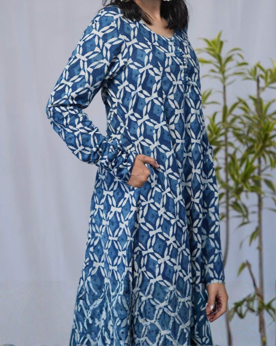 indigo cotton chudi sleeves kali kurta   
