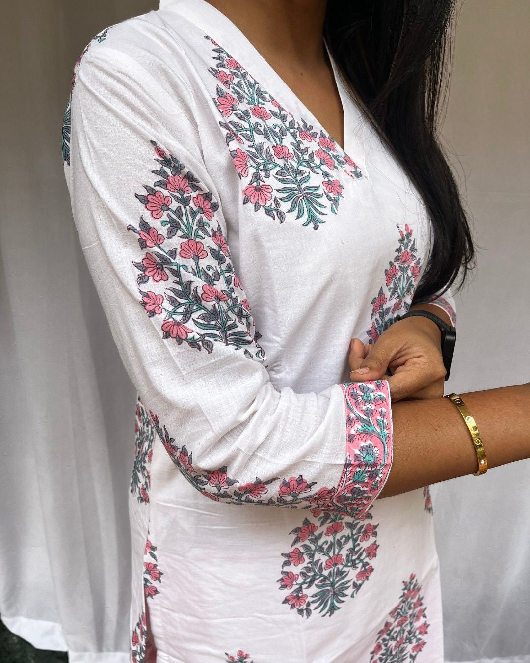 handblock pink butta cotton straight kurta   