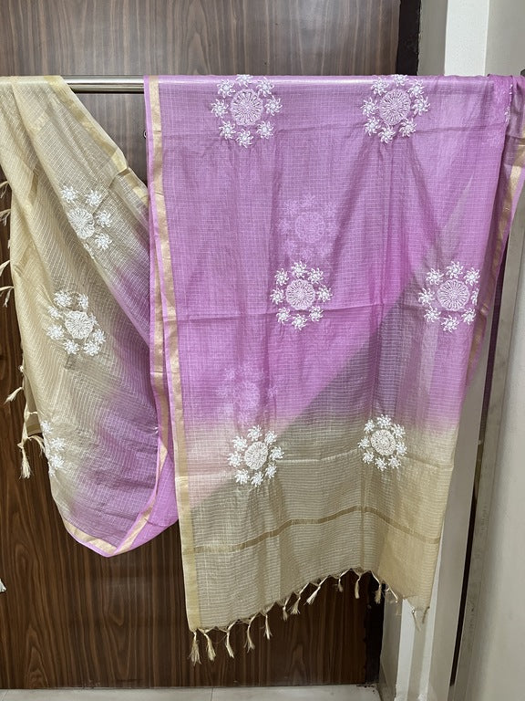lucknowi chikankari purple and cream kota silk dupatta