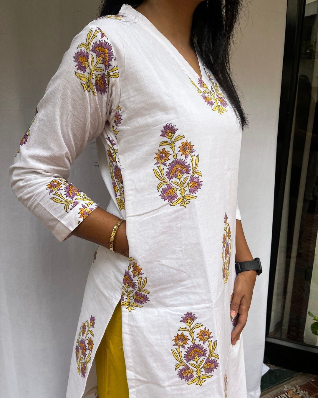 handblock yellow butta cotton straight kurta   