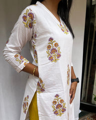 Mughal Handblock Yellow Butta Cotton Straight Kurta