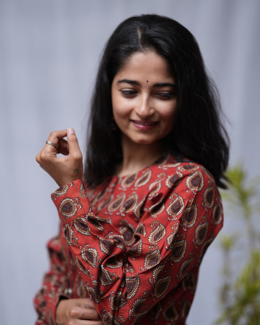 bagru cotton red straight kurta    