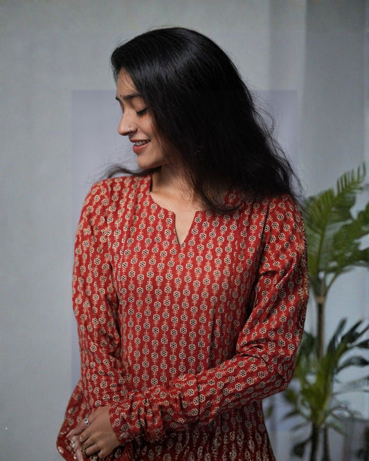 bagru cotton red chudi sleeves kali kurta  