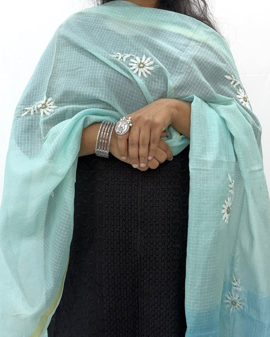 Lucknowi Chikankari Ombre Blue Kota Dupatta