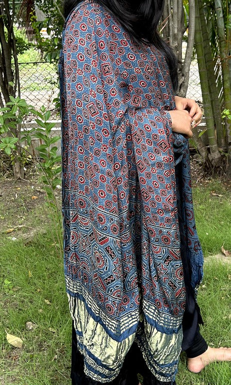 ajrakh blue and red modal silk lagdi patta dupatta