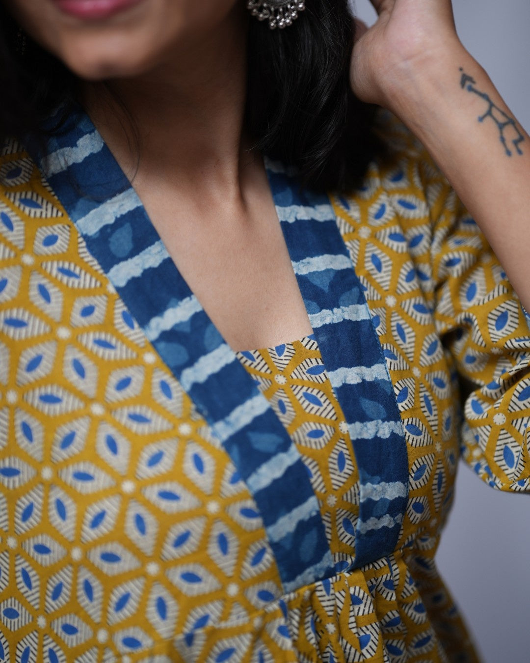 bagru cotton yellow aline kurta    