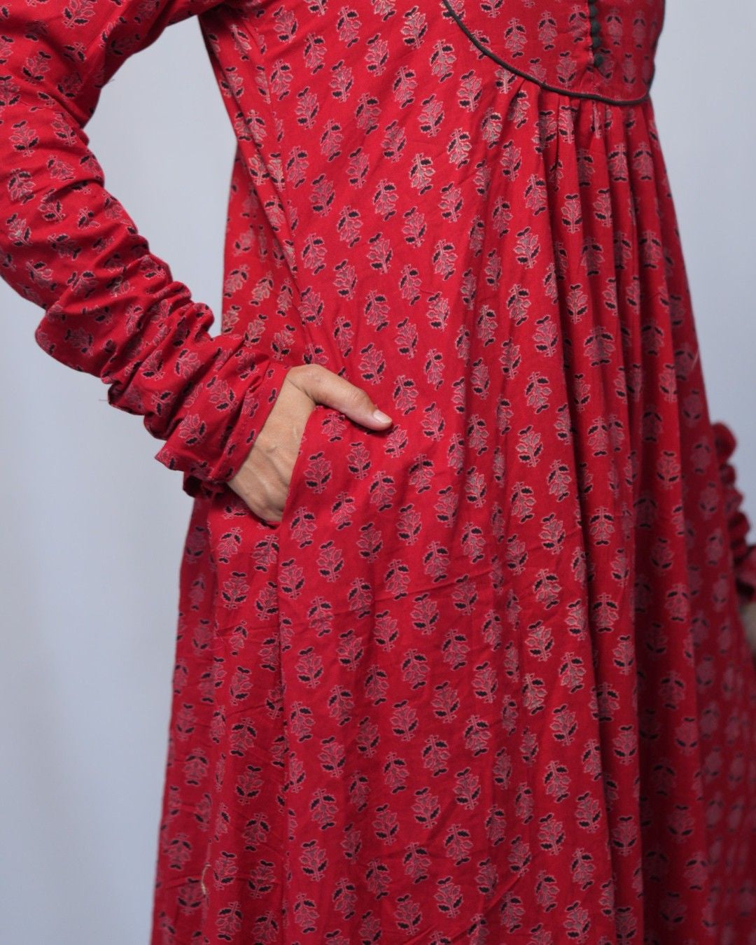cotton red chudi sleeves aline kurta   