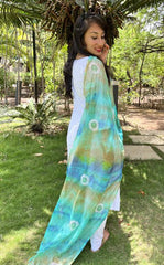 Lucknowi Chikankari Green and Blue Tie-Dye Kota Silk Dupatta