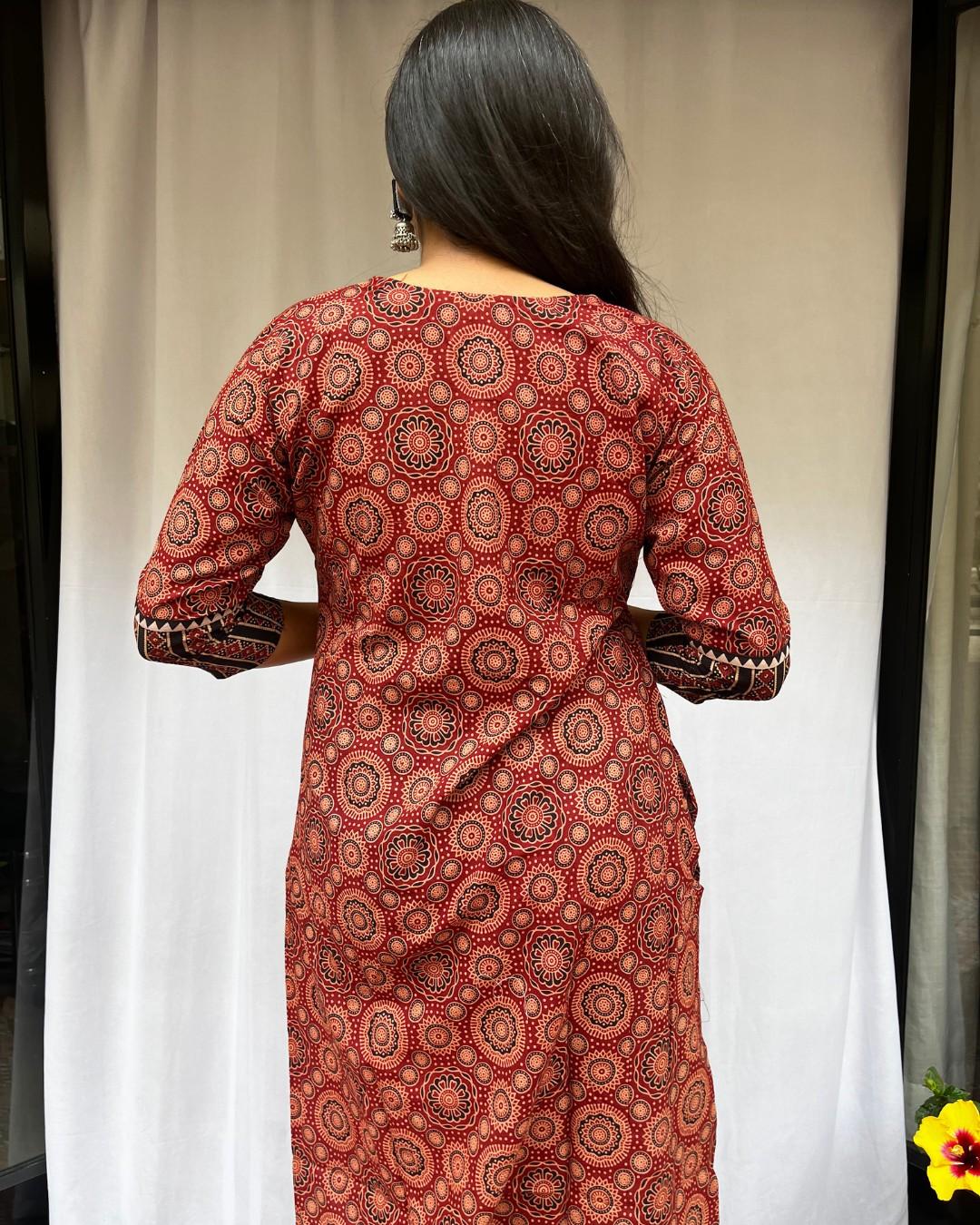 maroon ajrakh cotton straight kurta    