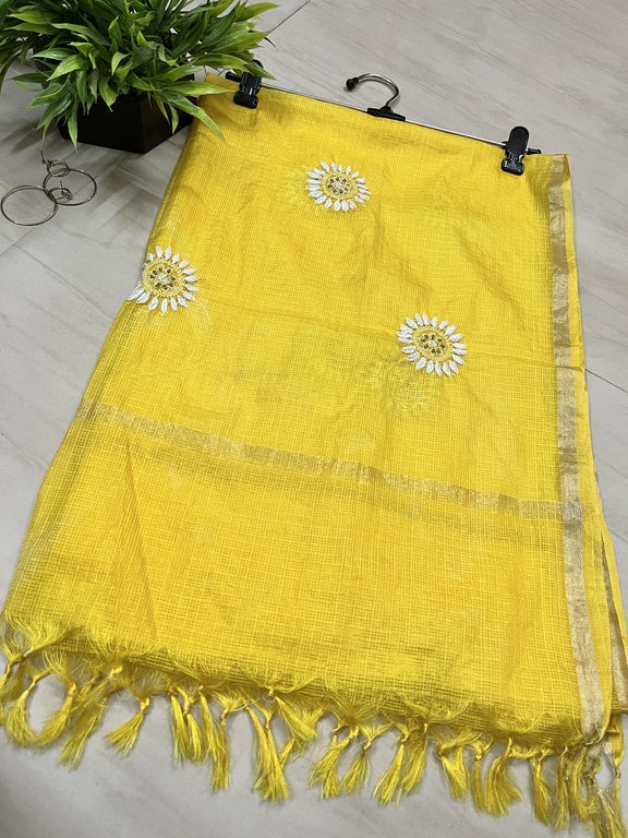 Lucknowi Chikankari Yellow Kota Silk Dupatta