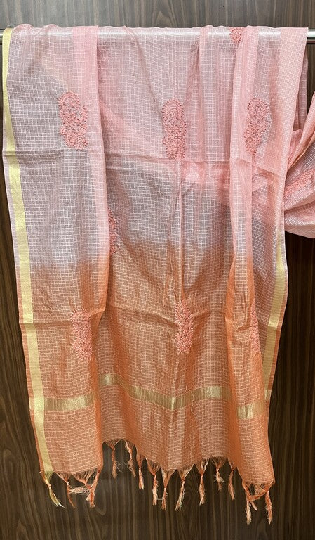 lucknowi chikankari ombre pink and orange kota silk dupatta