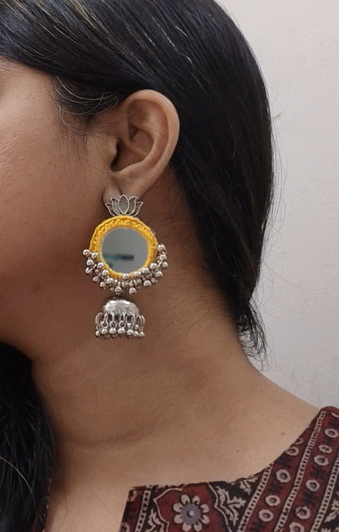 yellow mirror work earrings     