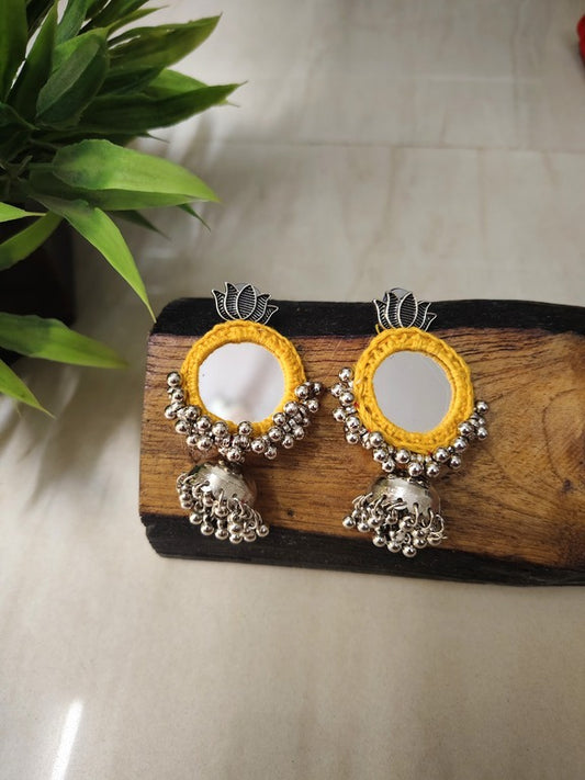 yellow mirror work earrings     