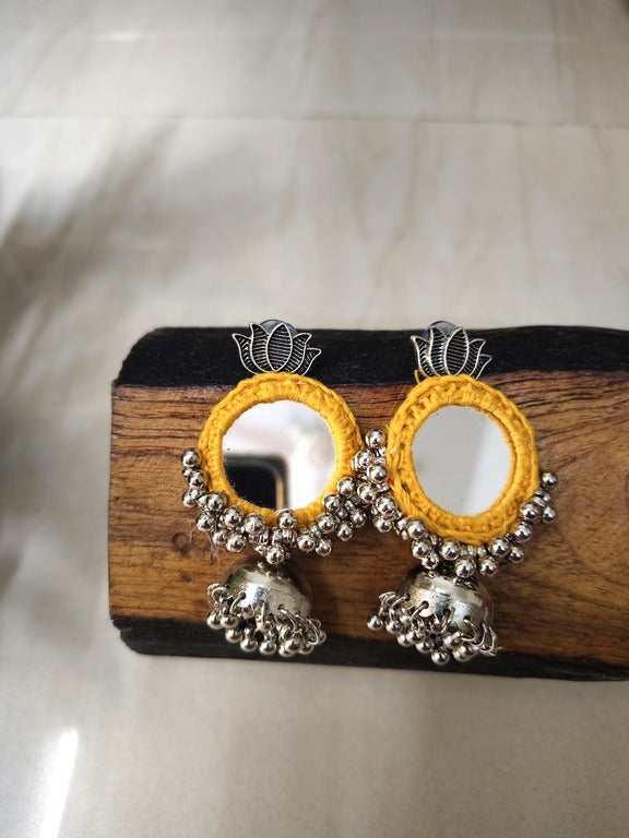 yellow mirror work earrings     