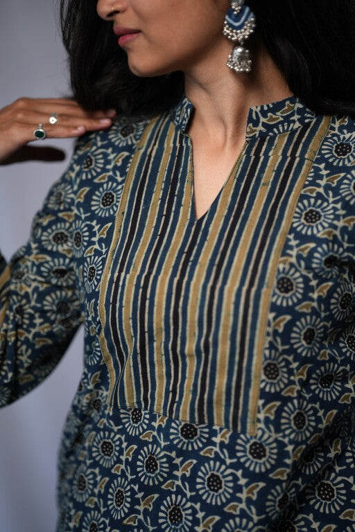 Eshana Ajrakh Cotton Blue Straight Kurta