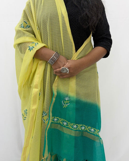 Lucknowi Chikankari Yellow Blue Kota Silk Dupatta