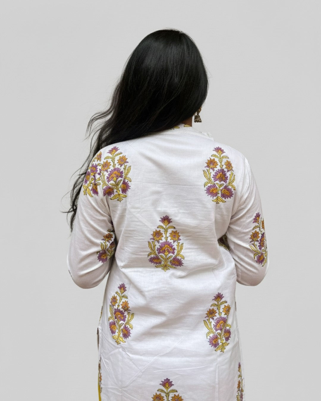 handblock yellow butta cotton straight kurta   