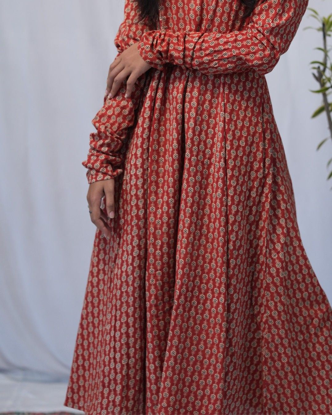 bagru cotton red chudi sleeves kali kurta  