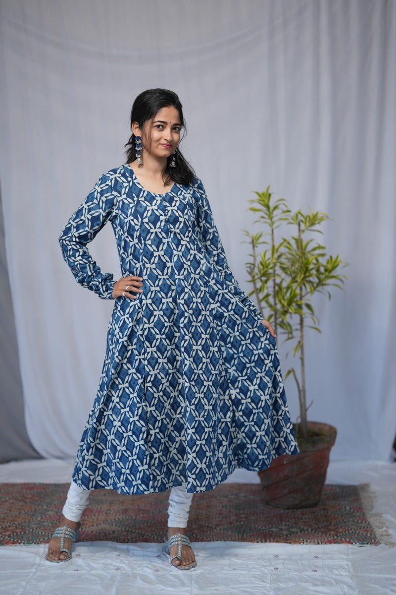 Krina Indigo Cotton Chudi Sleeves Kali Kurta