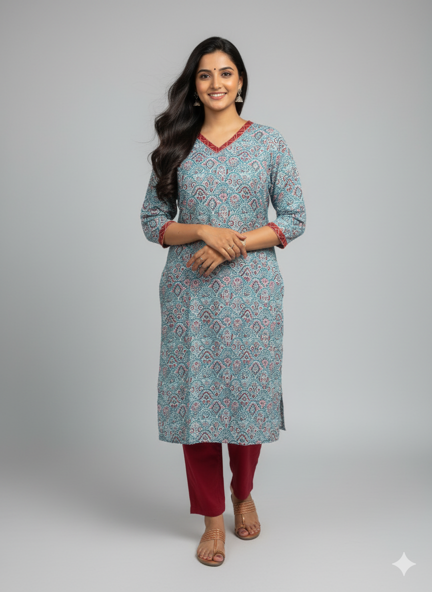 Radha Blue Cotton Straight Kurta