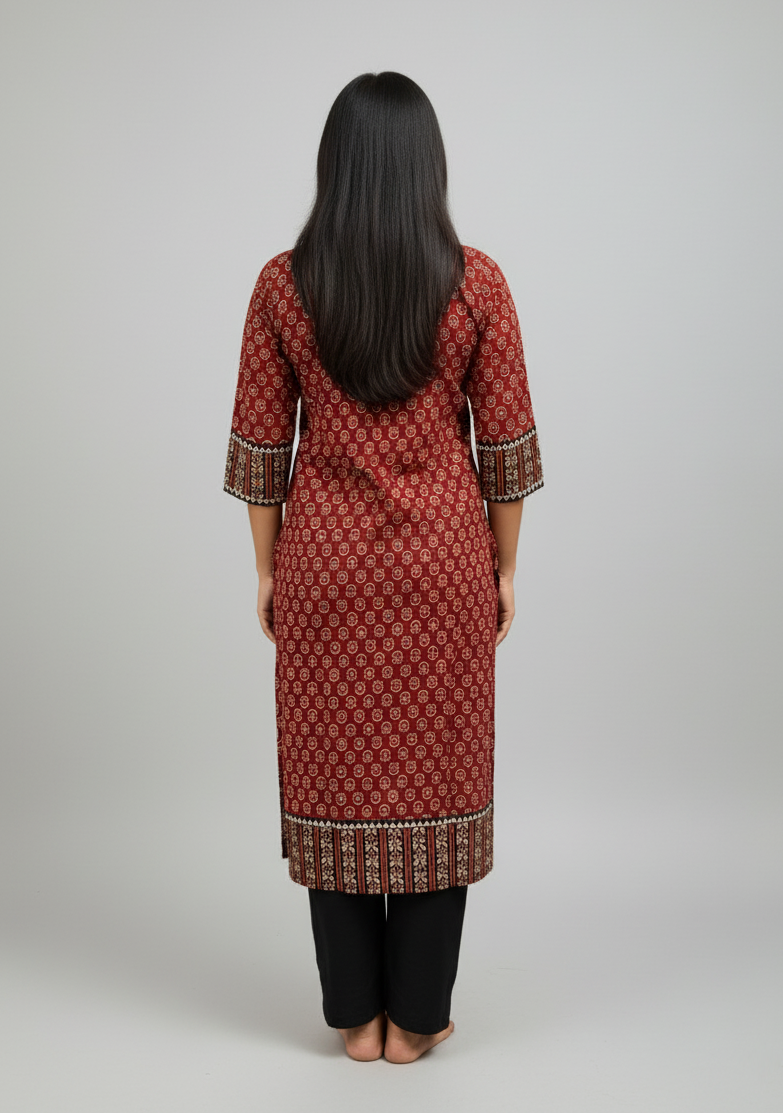 Shreya Maroon Ajrakh Cotton Straight Kurta