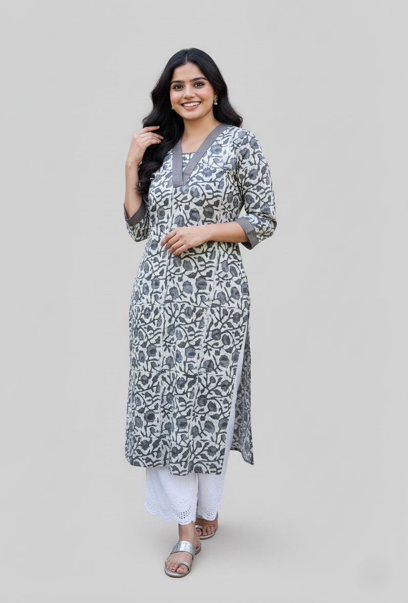 Lyla Bagru Cotton Grey Straight Kurta