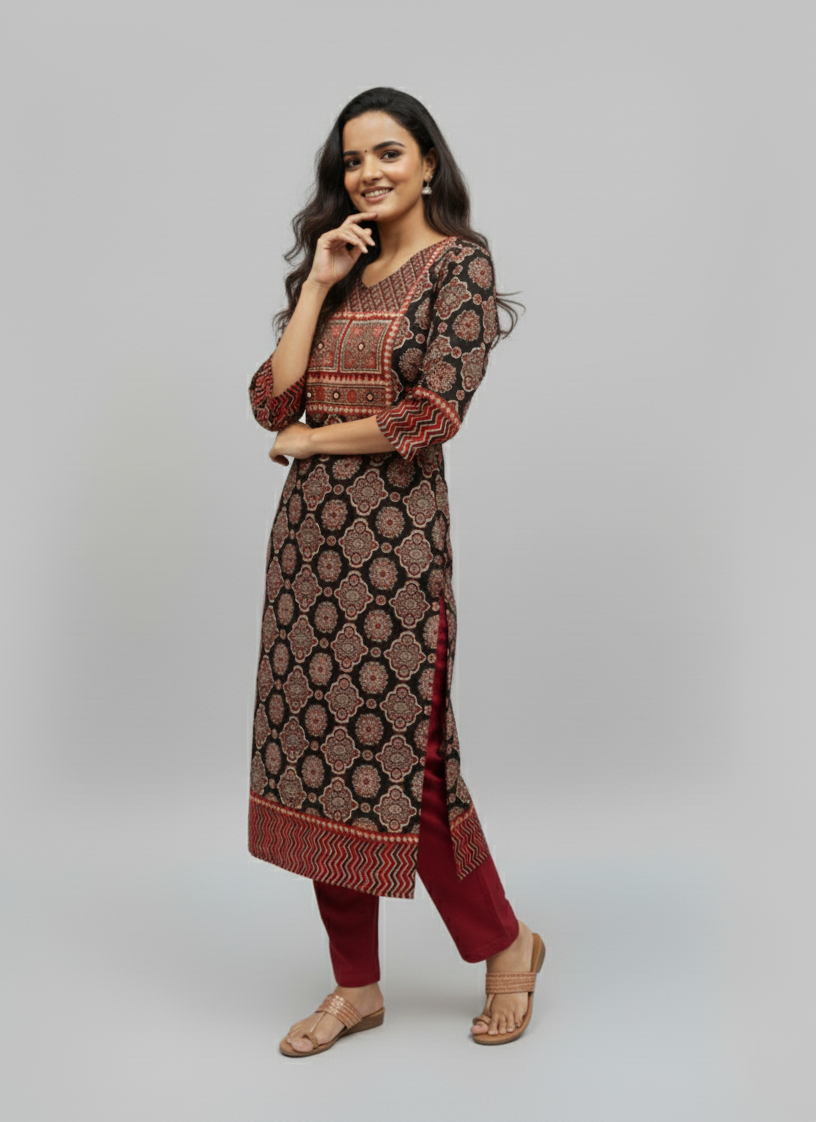 Shreya Black Ajrakh Cotton Straight Kurta