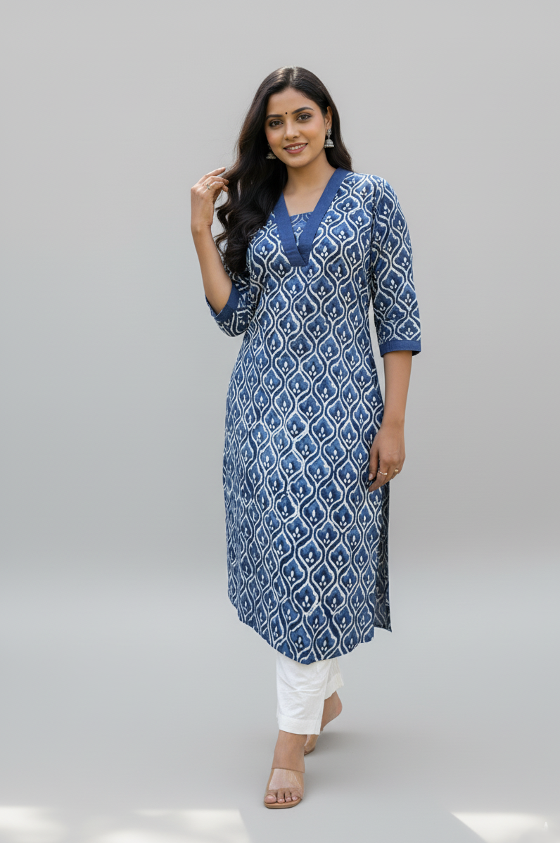 Lyla Bagru Cotton Blue Straight Kurta