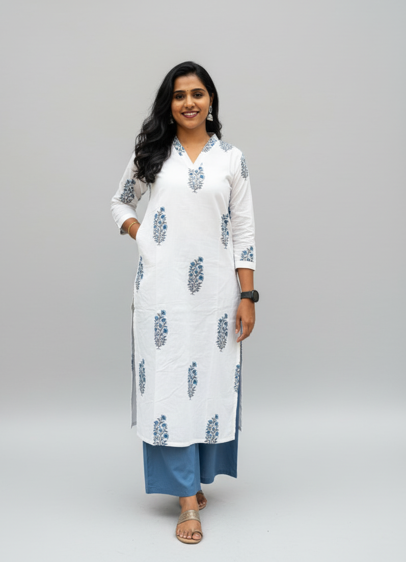Mughal Handblock Blue Butta Cotton Straight Kurta