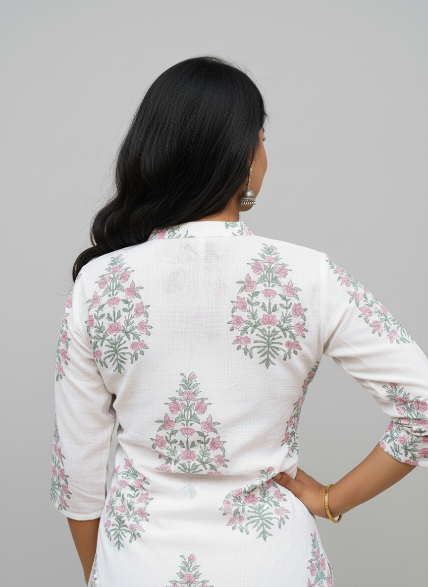 Mughal Handblock Pink Butta Cotton Straight Kurta