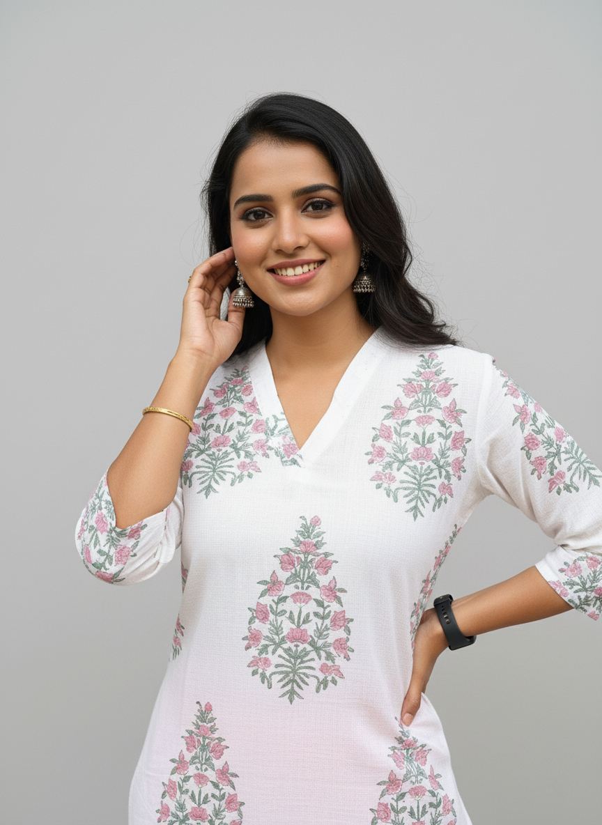 Mughal Handblock Pink Butta Cotton Straight Kurta