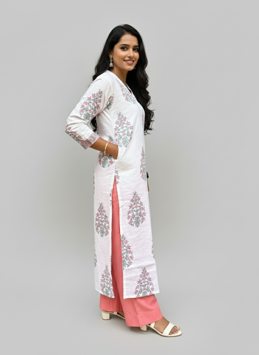 Mughal Handblock Pink Butta Cotton Straight Kurta