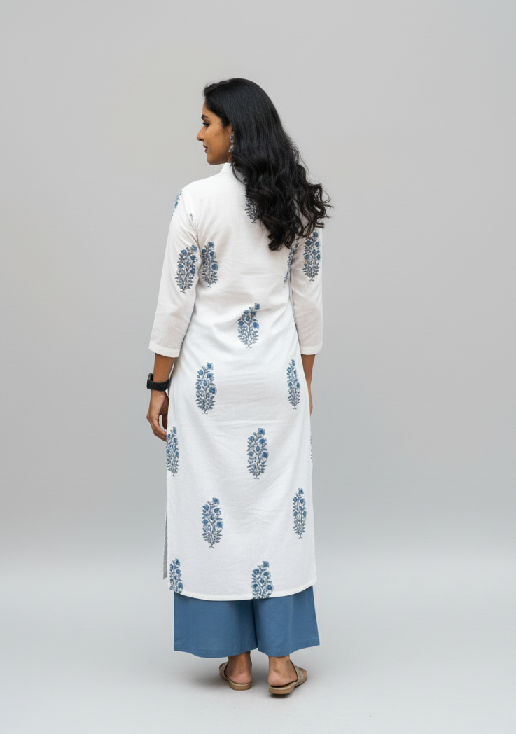 Mughal Handblock Blue Butta Cotton Straight Kurta