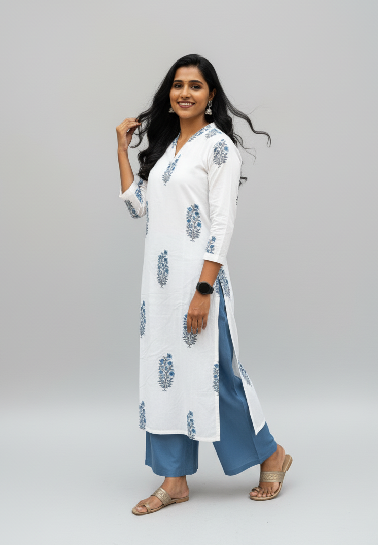 Mughal Handblock Blue Butta Cotton Straight Kurta