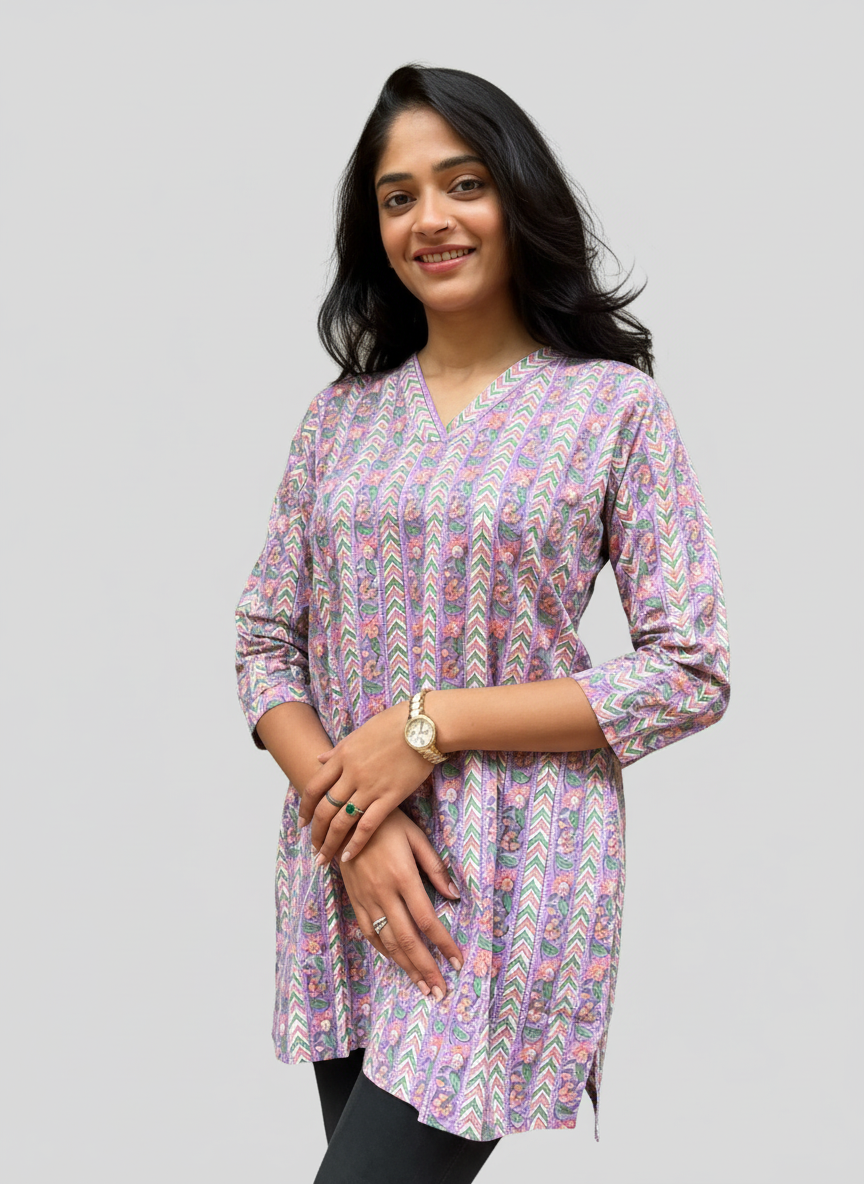Girija Purple Cotton Short Top Kurti