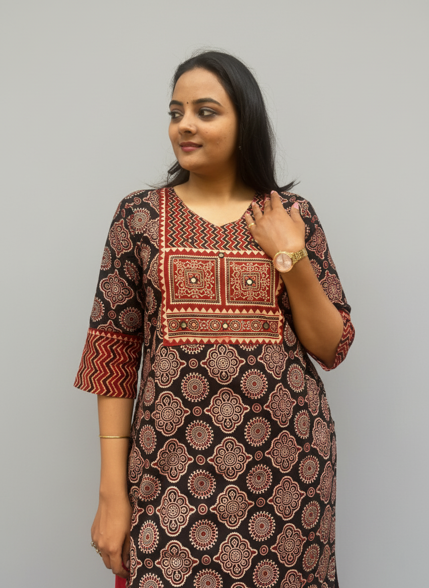Shreya Black Ajrakh Cotton Straight Kurta