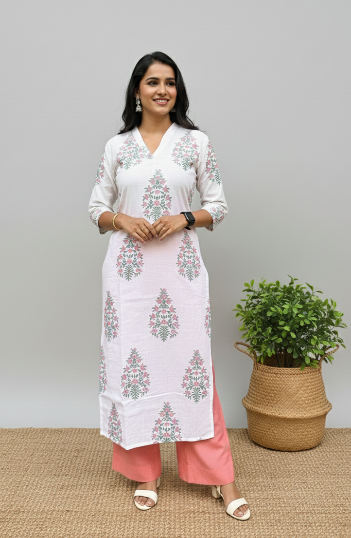 Mughal Handblock Pink Butta Cotton Straight Kurta