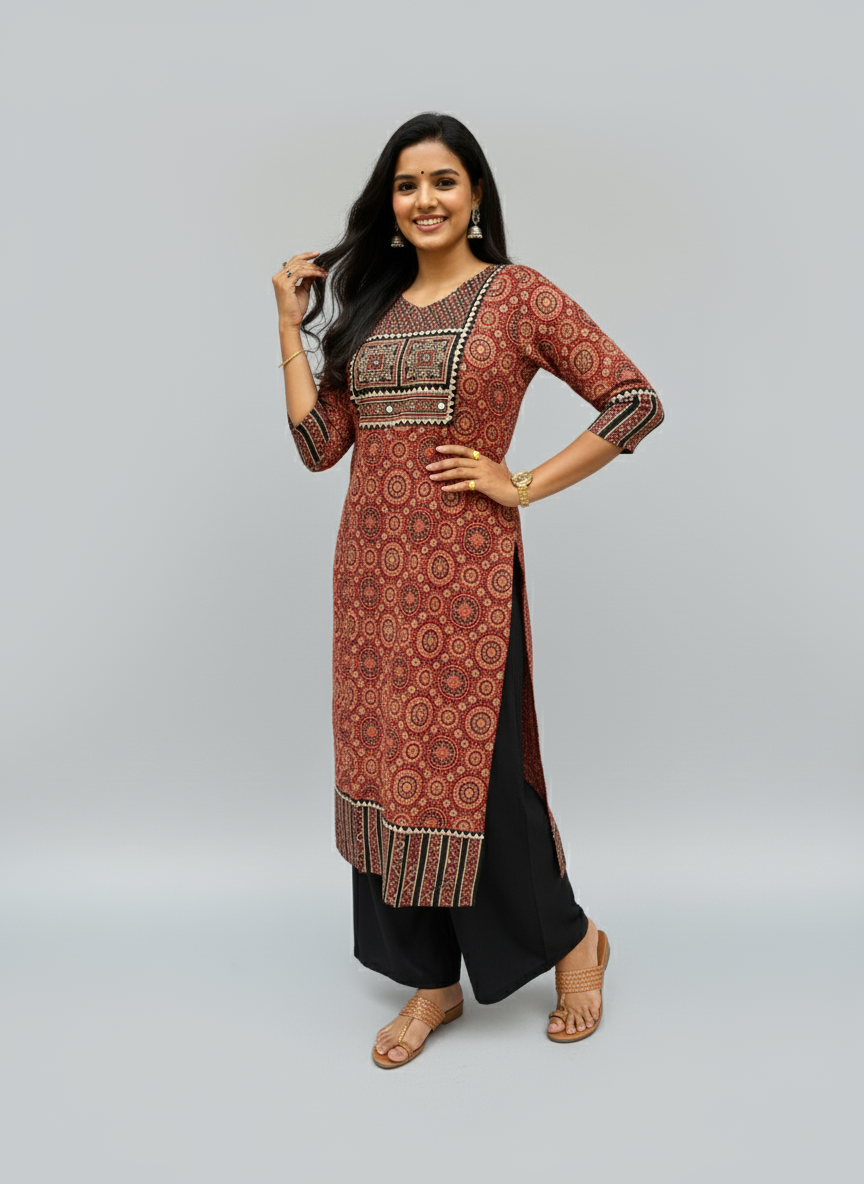 Rithika Maroon Ajrakh Cotton Straight Kurta