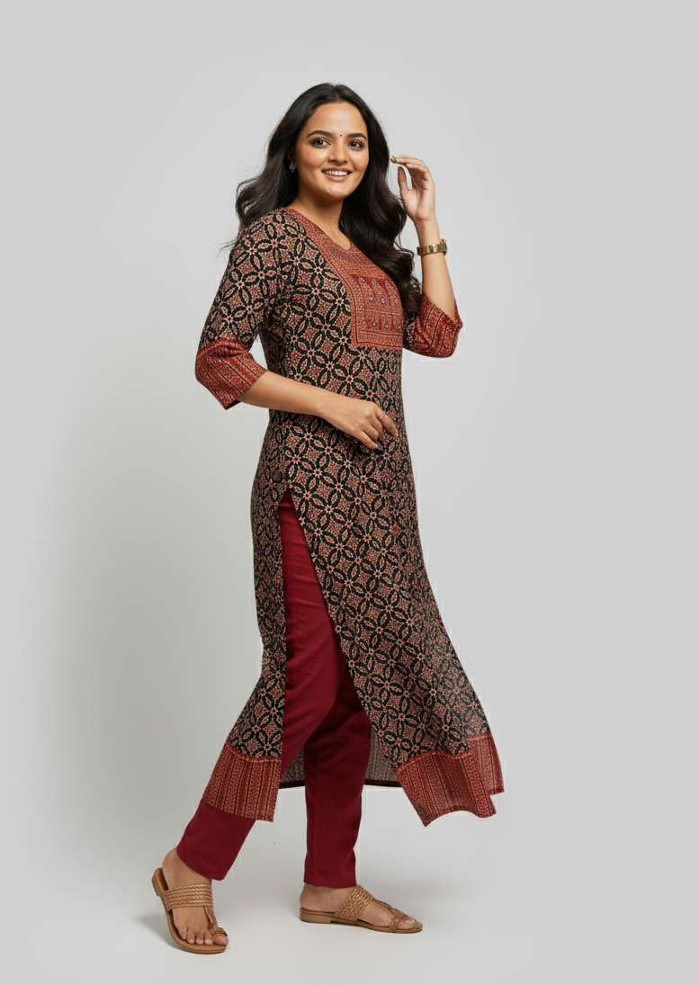 Rithika Black Ajrakh Cotton Straight Kurta