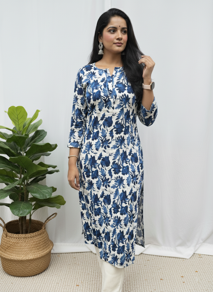 Trisha Blue Cotton Straight Kurta