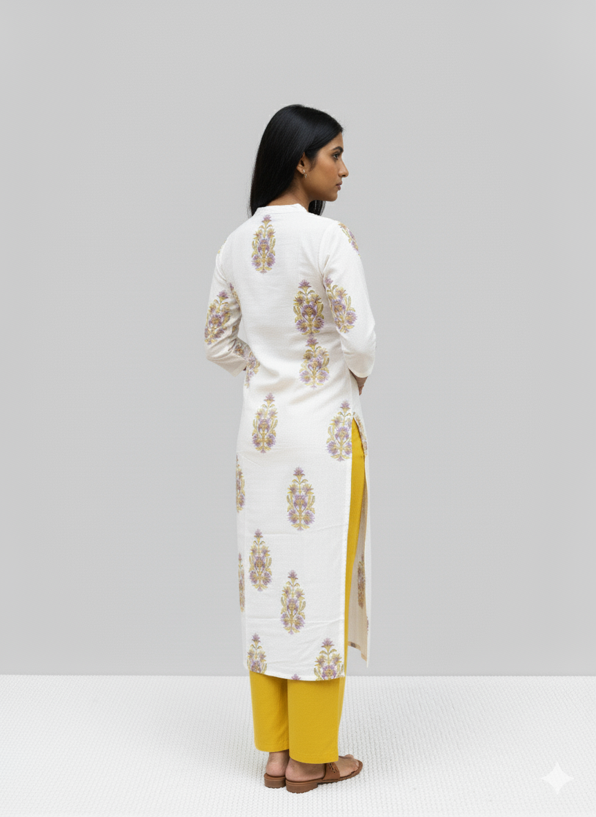 Mughal Handblock Yellow Butta Cotton Straight Kurta