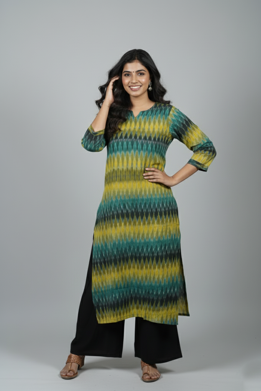 Avika Green Ikkat Cotton Straight Kurta